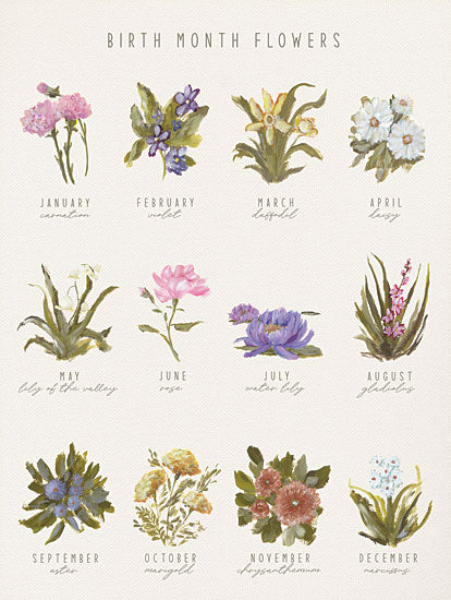 Amanda Hilburn AH206 - AH206 - Birth Month Flowers - 12x16 birth month flowers, floral illustration, botanical, watercolor flowers, labeled months, educational, seasonal blooms, hand-painted flowers from Penny Lane
