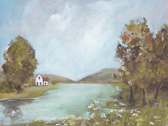 Amanda Hilburn AH209 - AH209 - The Pond - 16x12 lakeside house, calm water, reflections, trees, peaceful landscape, mountains in background, blue sky, wildflowers from Penny Lane
