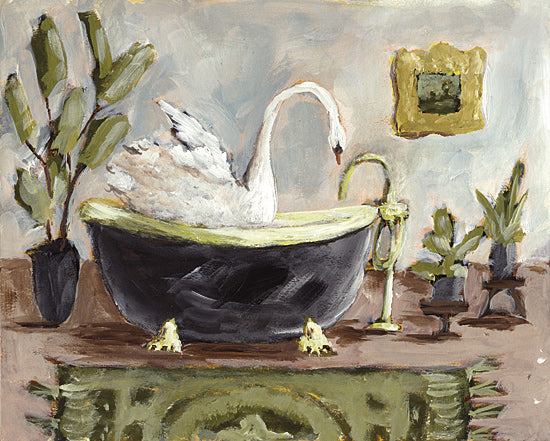 Amanda Hilburn AH228 - AH228 - Swan Spa - 16x12 swan in bathtub, whimsical bathroom, plants, humorous decor, fantasy animal, quirky artwork, interior scene from Penny Lane