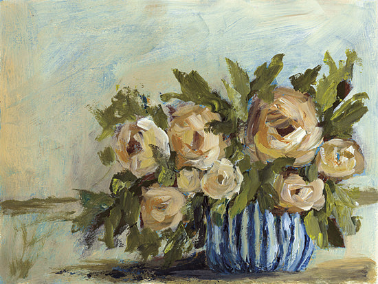 Amanda Hilburn AH229 - AH229 - Buttery Roses - 16x12 roses bouquet, striped vase, soft peach flowers, impressionist painting, floral arrangement, home decor from Penny Lane