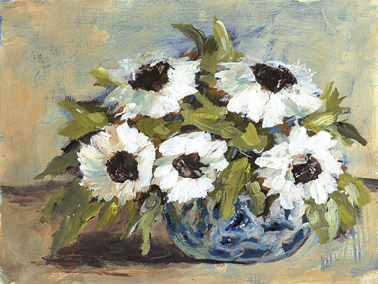 Amanda Hilburn AH230 - AH230 - Sunflower Smiles - 16x12 white flowers, black centers, floral arrangement, blue vase, rustic background, painted bouquet from Penny Lane