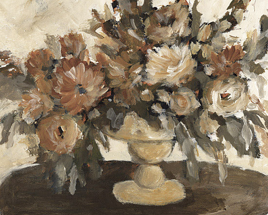 Amanda Hilburn AH231 - AH231 - Autumn Teatime - 16x12 floral still life, painted bouquet, flower arrangement in urn, vintage oil painting style, roses and blooms, rustic tabletop setting from Penny Lane