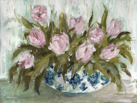Amanda Hilburn AH243 - AH243 - Pink Tulips in Chinoiserie - 16x12 tulips, pink blossoms, green foliage, textured brush strokes, ceramic vase, vibrant bouquet, impressionistic style, fresh flowers from Penny Lane