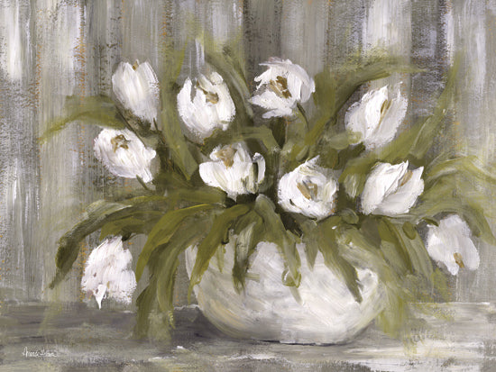 Amanda Hilburn AH244 - AH244 - Neutral Tulip Study - 16x12 white tulips, textured greens, ceramic bowl, vertical strokes, still life painting, moody floral, artistic expression from Penny Lane