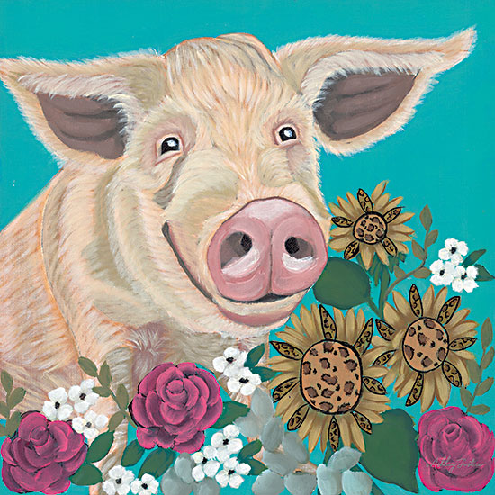 Ashley Justice AJ167 - AJ167 - Feeling Fancy - 12x12 pig portrait, flower crown, whimsical pig, teal backdrop, farm animal art, folk style, roses and sunflowers from Penny Lane