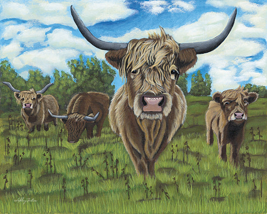 Ashley Justice AJ200 - AJ200 - A Morning Graze - 16x12 Highland cattle, cow herd, lush pasture, open fields, blue sky, farm animals, rural scenery, grazing livestock, country life, scenic landscape from Penny Lane