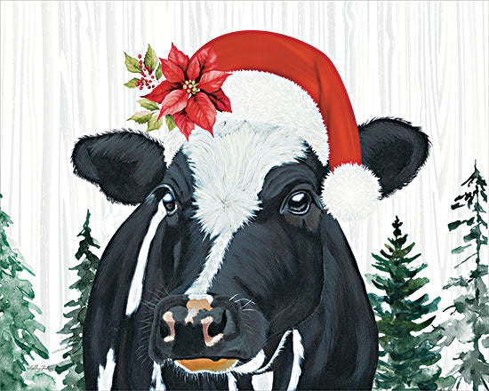 Ashley Justice AJ229 - AJ229 - December Delights - 16x12  black and white cow, santa hat, poinsettia, Christmas, festive, holiday, pine trees, Ashley Justice from Penny Lane