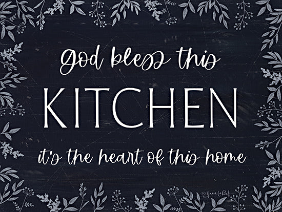 Annie LaPoint ALP2748 - ALP2748 - God Bless this Kitchen - 16x12 kitchen blessing, rustic floral border, God bless this kitchen, home decor art, farmhouse sign, decorative wall print, blue foliage, navy background, cozy kitchen quote, modern farmhouse kitchen from Penny Lane