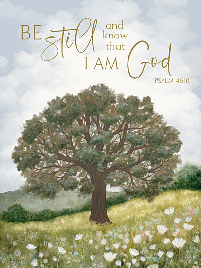 Annie LaPoint ALP2806 - ALP2806 - Be Still and Know Tree - 12x16 Psalm 46:10, be still and know, peaceful landscape, large tree, wildflower field, blue sky, scripture art, spiritual message, countryside meadow, Christian inspiration, religious wall art from Penny Lane