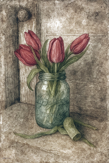 Anthony Smith ANT158 - ANT158 - Spring in a Jar - 12x18 purple tulips, mason jar, rustic wood background, still life, floral watercolor painting, vintage decor, Ball jar flowers from Penny Lane