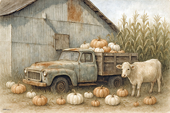Anthony Smith ANT214 - ANT214 - Pumpkin Patch Finds - 18x12  rustic barn, vintage truck, white cow, harvest pumpkins, corn stalks, autumn field, farmhouse, weathered wood, fall harvest, rural scene from Penny Lane
