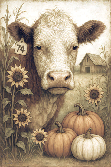 Anthony Smith ANT215 - ANT215 - Betsy - 12x18 close-up cow portrait, ear tag 74, sunflowers, pumpkins, corn field, rustic barn in background, pastoral, fall colors, gentle expression from Penny Lane