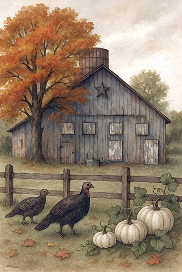 Anthony Smith ANT216 - ANT216 - Turkeys in Autumn - 12x18 blue barn, autumn tree, turkeys, white pumpkins, wooden fence, fall leaves, rustic scene, orange foliage, rural landscape from Penny Lane