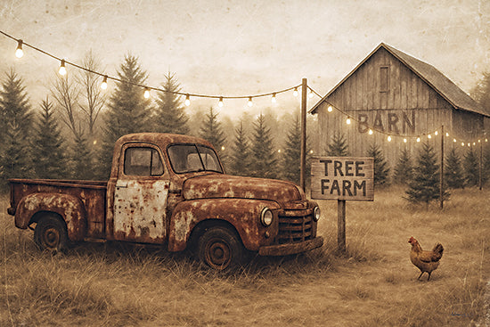 Anthony Smith ANT219 - ANT219 - Tree Farm - 18x12 tree farm, rusty truck, barn with lights, chicken, foggy morning, evergreen trees, holiday preparation, rustic signage, winter onset from Penny Lane