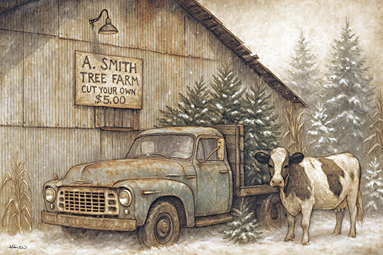 Anthony Smith ANT220 - ANT220 - A. Smith Tree Farm - 18x12 cut-your-own tree farm, green vintage truck, snow, cow, pine trees, rustic barn, holiday season, wintry farm, corrugated metal wall from Penny Lane