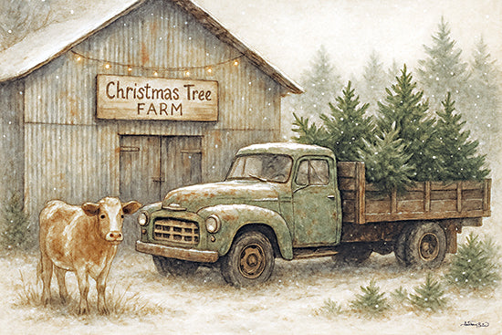 Anthony Smith ANT221 - ANT221 - Christmas Tree Farm - 18x12 christmas tree farm, snowy setting, cow in snow, vintage green truck, pine trees in truck bed, string lights, rustic charm from Penny Lane