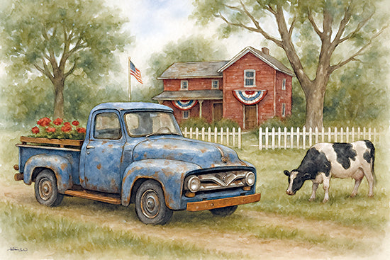 Anthony Smith ANT232 - ANT232 - Americana Farmhouse  - 18x12 blue vintage truck, black and white cow, patriotic house, american flag, red farmhouse, white picket fence, summer country scene from Penny Lane