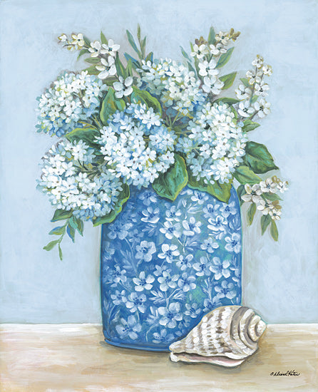 Diane Kater ART1362 - ART1362 - Coastal Hydrangeas - 12x16 blue floral vase, white blossoms, soft pastel colors, rustic elegance, delicate floral arrangement, countryside charm, cottage-inspired decor, coastal farmhouse, peaceful still life, artistic nature from Penny Lane