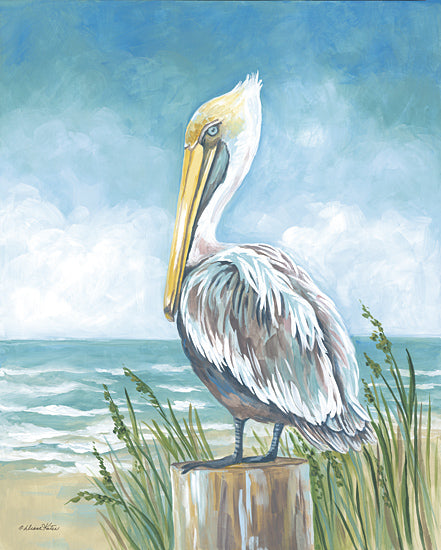 Diane Kater ART1369 - ART1369 - Perched Pelican - 12x16 Pelican by the sea, coastal bird, beach landscape, serene ocean, summer seashore, standing pelican, marsh grass, nature art from Penny Lane