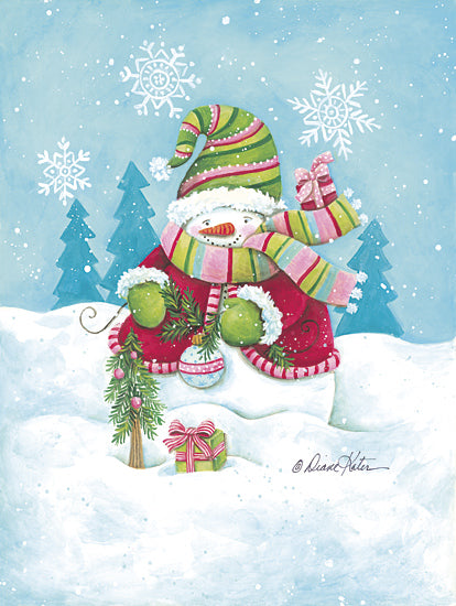 Diane Kater ART1379 - ART1379 - Happy Holidays Snowman - 12x16 Snowman in winter scene, whimsical snow character, holiday cheer, pastel snowflakes, playful Christmas, childlike art, gifts and snow from Penny Lane