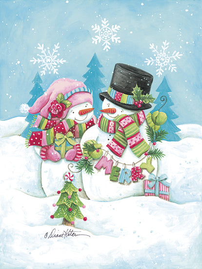 Diane Kater ART1380 - ART1380 - Happy Holidays Snow Couple - 12x16 snowmen couple, winter scene, Christmas hats, scarf, top hat, gift, peppermint, snowflakes, pine trees, festive outfit, merry banner from Penny Lane