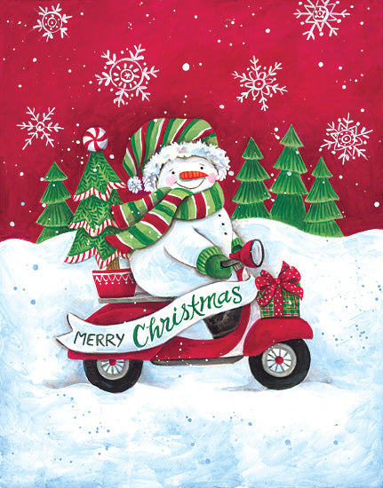 Diane Kater ART1385 - ART1385 - Merry Christmas Red Scooter - 12x16 snowman on scooter, Christmas tree, candy cane, presents, red background, snowflakes, merry Christmas banner, whimsical ride from Penny Lane