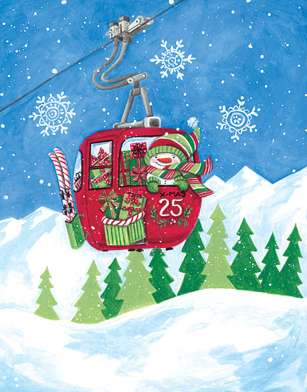 Diane Kater ART1387 - ART1387 - X-Mas 25 Ski Lift - 12x16 snowman in gondola, Christmas cable car, mountain snow, wrapped presents, peppermint candy, festive tree, winter sky from Penny Lane