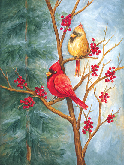 Diane Kater ART1389 - ART1389 - Cardinals in Berry Tree - 12x16 cardinal birds, winter tree, red berries, male and female cardinal, pine background, nature scene, perched birds from Penny Lane