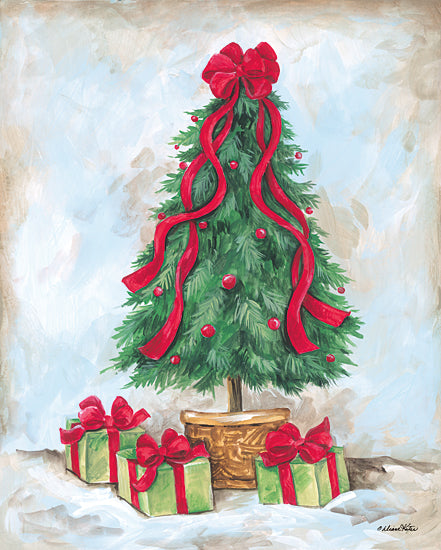 Diane Kater ART1391 - ART1391 - Red Bow Christmas Tree    - 12x16 Christmas tree, red ribbons, holiday decor, wrapped gifts, festive scene, potted evergreen, seasonal celebration from Penny Lane