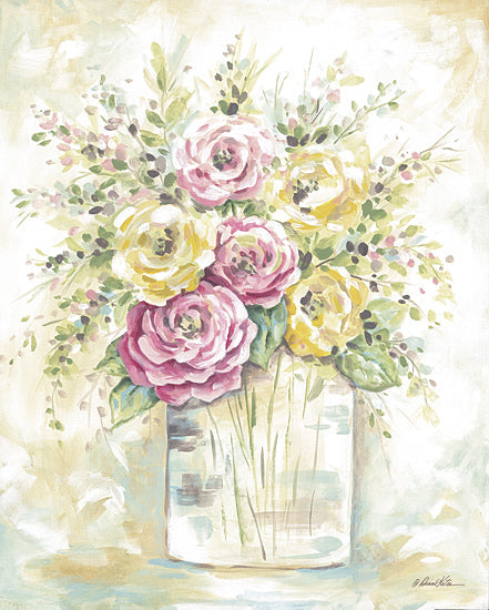 Diane Kater ART1394 - ART1394 - A Summer's Sigh - 12x16 bright floral bouquet, pastel colors, glass vase, yellow and pink roses, airy background, soft watercolor style from Penny Lane