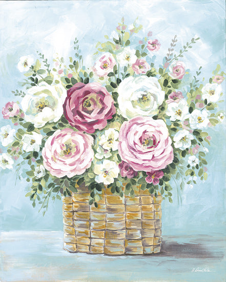 Diane Kater ART1395 - ART1395 - Soft Illumination - 12x16 basket of flowers, white and pink roses, teal background, springtime decor, country style, floral centerpiece from Penny Lane