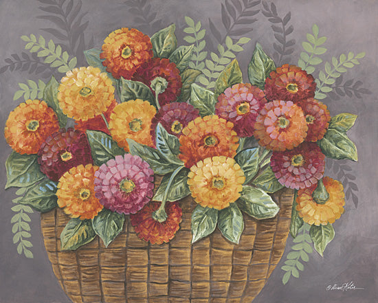 Diane Kater ART1399 - ART1399 - Summer Blooms - 16x12 basket of zinnias, vibrant floral arrangement, colorful flowers, botanical art, garden bouquet, realistic style, zinnia flowers from Penny Lane