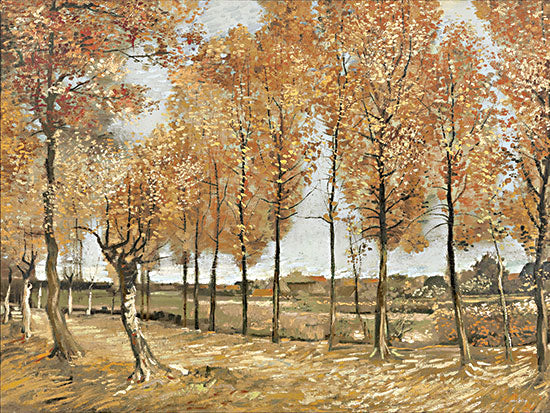 Amber Sterling AS477 - AS477 - Foilage Framed Path - 16x12 golden tree line, autumn leaves, open clearing, distant farm structures, scenic countryside, detailed textures, vertical alignment from Penny Lane