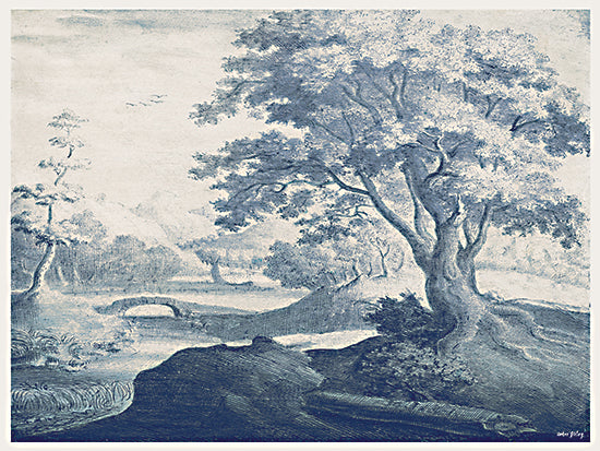 Amber Sterling AS520 - AS520 - The Stone Bridge - 16x12 vintage tree scene, blue monochrome etching, classic landscape, country bridge, forest clearing, stylized nature, antique art style from Penny Lane