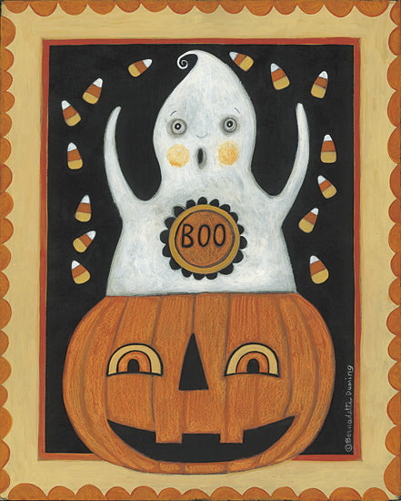 Bernadette Deming BER1494 - BER1494 - Boo Ghost and Jack O'lantern - 12x16 Ghost and pumpkin, 'Boo' text, Halloween candy corn, orange and black festive border, child-friendly spooky design from Penny Lane