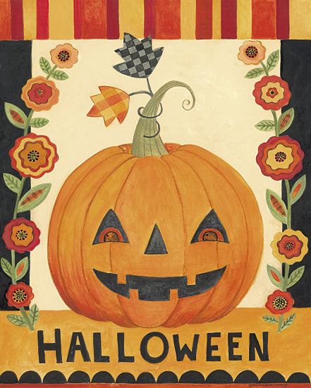 Bernadette Deming BER1497 - BER1497 - Happy Halloween Jack O'lantern - 12x16 Smiling jack-o-lantern, 'Halloween' text, stylized floral border, fall festival theme, bright colors, folk art from Penny Lane