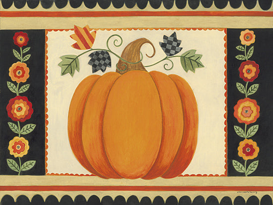 Bernadette Deming BER1500 - BER1500 - Patterned Leaves Pumpkin - 16x12 pumpkin, autumn leaves, black background with red scallops, decorative floral borders, whimsical style, folk painting from Penny Lane