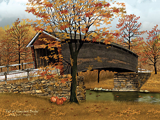 Billy Jacobs BJ1393 - BJ1393 - Fall at Humpback Bridge - 16x12 covered bridge, autumn trees, pumpkins, creek, stone wall, rustic fall landscape, Americana from Penny Lane