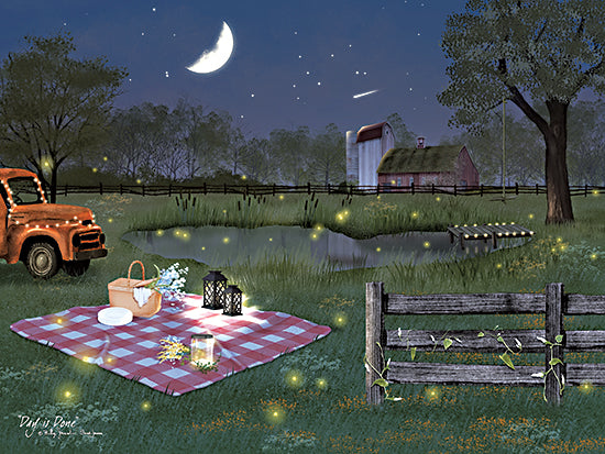 Billy Jacobs BJ1395 - BJ1395 - Day is Done - 16x12 Landscape, Pond, Picnic, Picnic Basket, Lemonade, Red & White Checked Tablecloth, Fence, Nighttime, Moon, Fireflies, Truck,  Fences, Trees, Farm, Barn, Folk Art, Summer, Day is Done from Penny Lane
