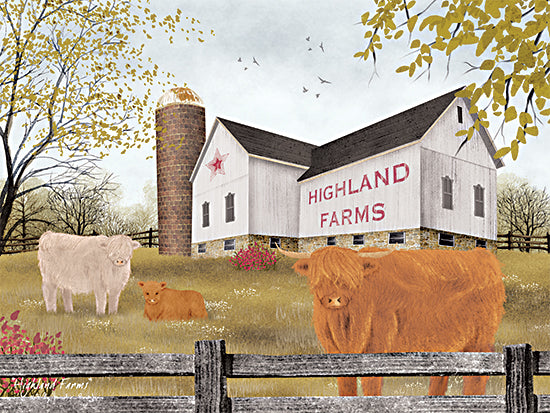 Billy Jacobs BJ1397 - BJ1397 - Highland Farms - 16x12 highland cows, white barn, silo, farm animals, country scene, spring meadow, rustic fence, family farm, pastoral landscape, countryside view from Penny Lane