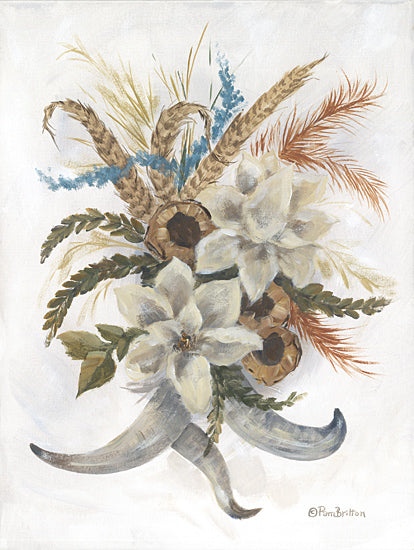 Pam Britton BR630 - BR630 - Western Floral - 12x16 white magnolias, feathers, western florals, horn base, rustic bouquet, southwestern decor, floral arrangement art from Penny Lane