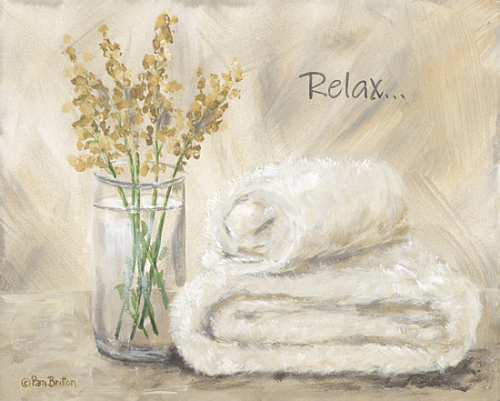 Pam Britton BR637 - BR637 - Relax in the Bath - 16x12 spa towel, relaxing message, soft linens, glass vase with stems, comfort, neutral tones, hand-painted calm scene from Penny Lane