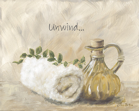 Pam Britton BR638 - BR638 - Unwind in the Bath - 16x12 spa oil bottle, towel and greenery, unwind theme, essential oil, calm environment, neutral tones, wellness art from Penny Lane