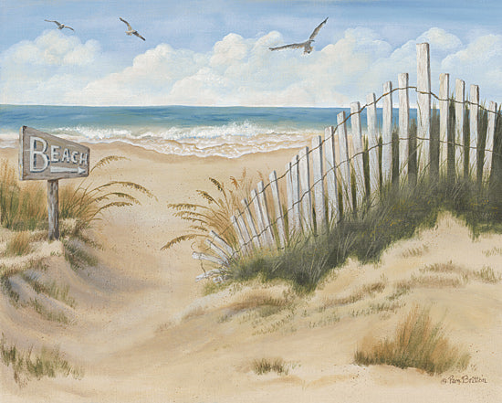 Pam Britton BR641 - BR641 - To the Beach - 16x12 beach, ocean, sand dunes, seagulls, beach fence, coastal scene, summer from Penny Lane