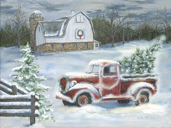 Pam Britton BR660 - BR660 - A Christmas Truck - 16x12 Vintage truck, red pickup, Christmas tree, snowy farm, rustic barn, wreath, pine trees, winter landscape, country holiday scene from Penny Lane