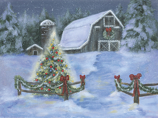 Pam Britton BR661 - BR661 - A Glowing Christmas - 16x12 Snowy barn, night scene, Christmas lights, decorated tree, wreath, winter holiday, red bows, pine forest, festive season from Penny Lane