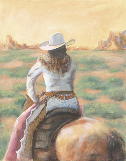 Pam Britton BR668 - BR668 - Saddle Up and Ride - 12x16 Cowgirl on horseback, western landscape, desert, pink tones, cowboy hat, riding into sunset from Penny Lane