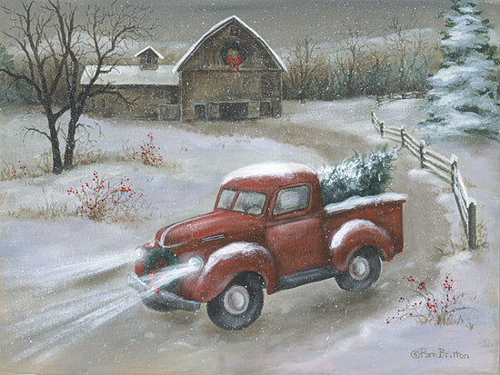 Pam Britton BR670 - BR670 - Light the Way Home - 16x12 Red truck with Christmas tree, snowy farm, barn with wreath, holiday delivery, rural winter scene from Penny Lane