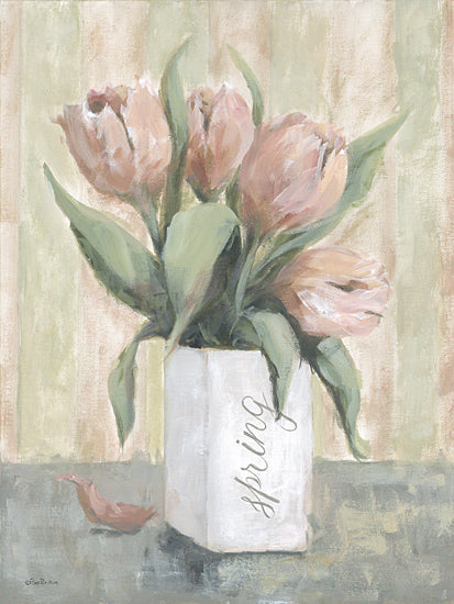 Pam Britton BR676 - Spring Tulips - 12x16 tulips, spring, pink flowers, striped background, floral arrangement, pastel colors, mason jar, seasonal, botanical, home decor from Penny Lane