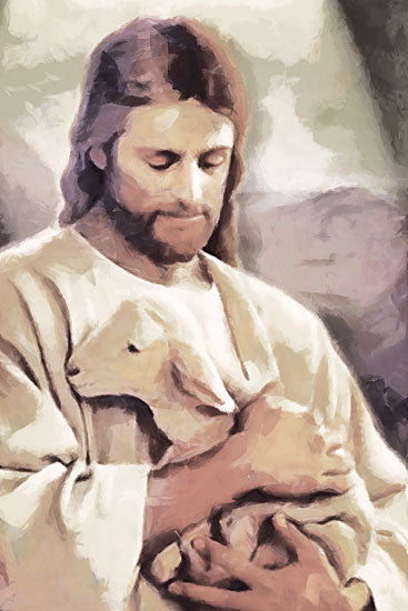 Cloverfield & Co. CC280 - CC280 - The Lamb in His Arms - 12x18 Jesus holding lamb, tender embrace, Christian artwork, religious theme, shepherd imagery, digital painting from Penny Lane